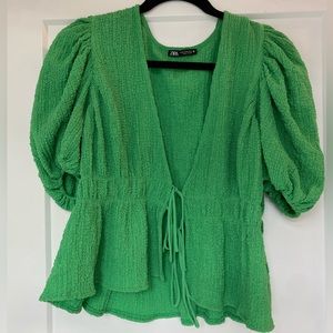 Zara Textured Puff Sleeve Green Blouse